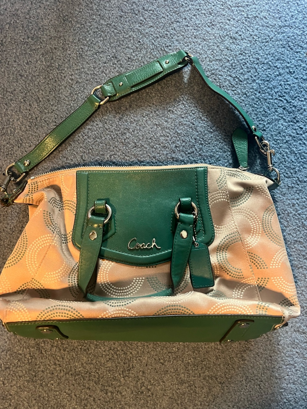 Coach Green Leather & Beige Patterned Shoulder Bag
